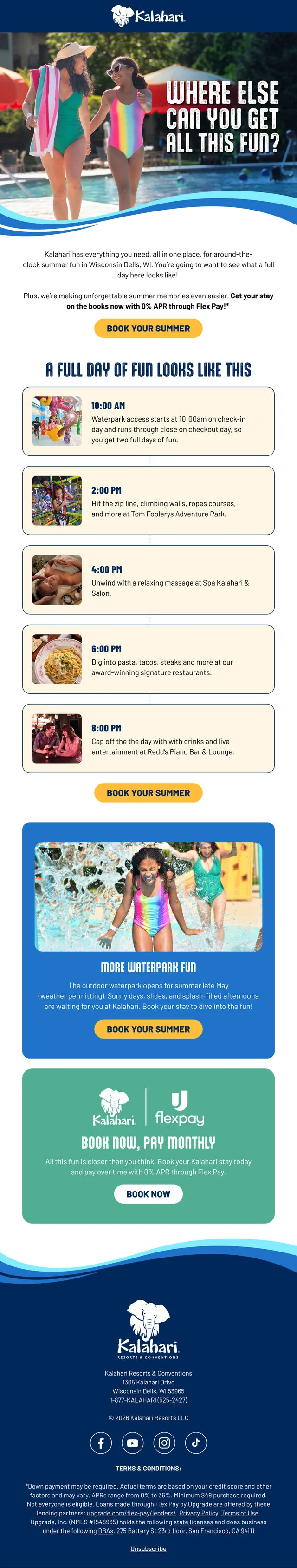 En vez de listar servicios, el email arma un día completo hora por hora, de las 10 al piano bar.