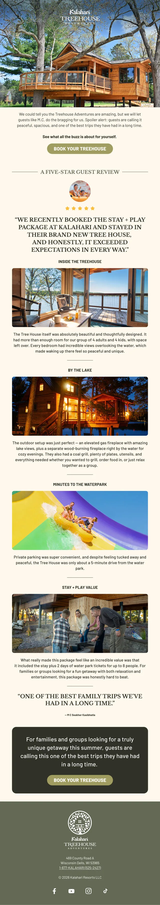 Treehouse tiene su propio sistema visual, aparte del de los resorts: una reseña desarmada en cuatro partes, cada una con su foto.
