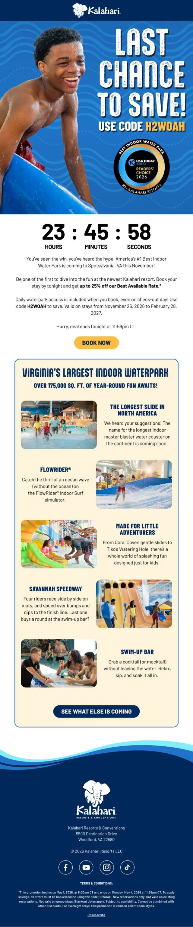 Cuenta regresiva y código arriba para cerrar la venta; abajo el resort nuevo de Virginia, para abrir el próximo viaje.