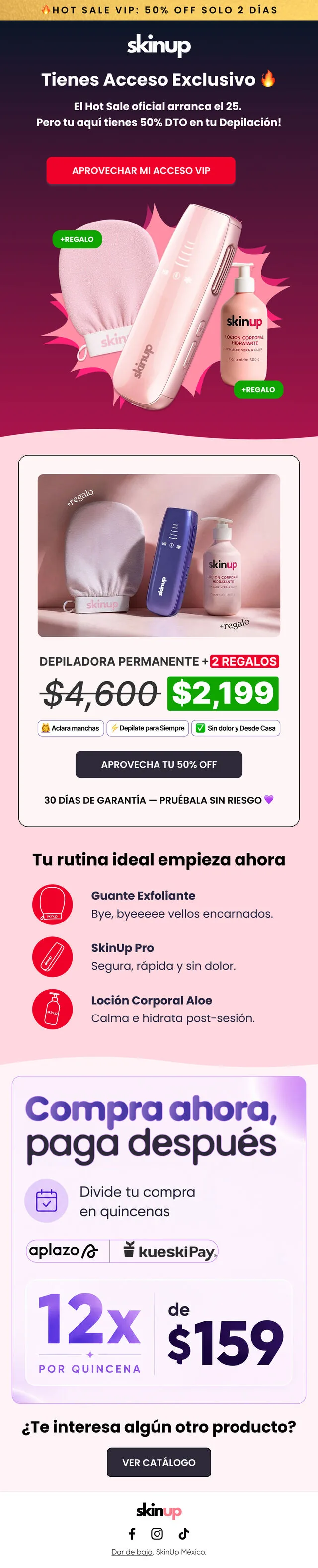 La misma venta para la lista VIP: fondo más oscuro y dos regalos, en vez de bajar más el precio.