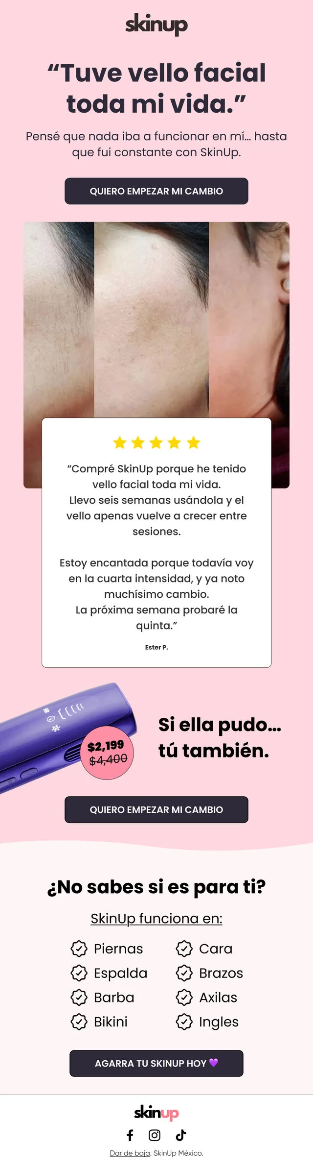 El testimonio es el titular. Cierra contestando el "¿me sirve a mí?" con la lista de zonas del cuerpo.
